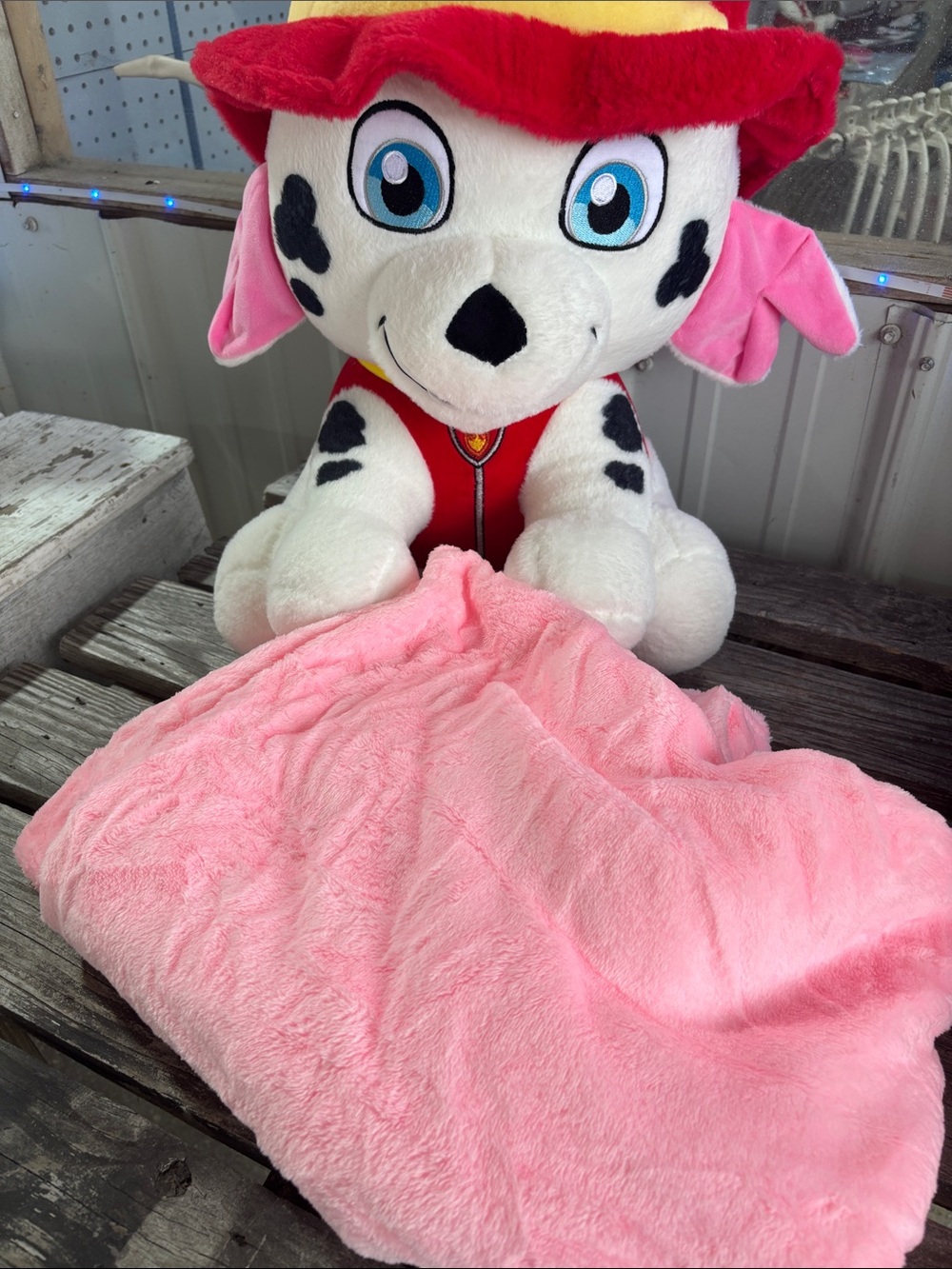 Plush Dalmatian Firefighter Toy with Pink Blanket